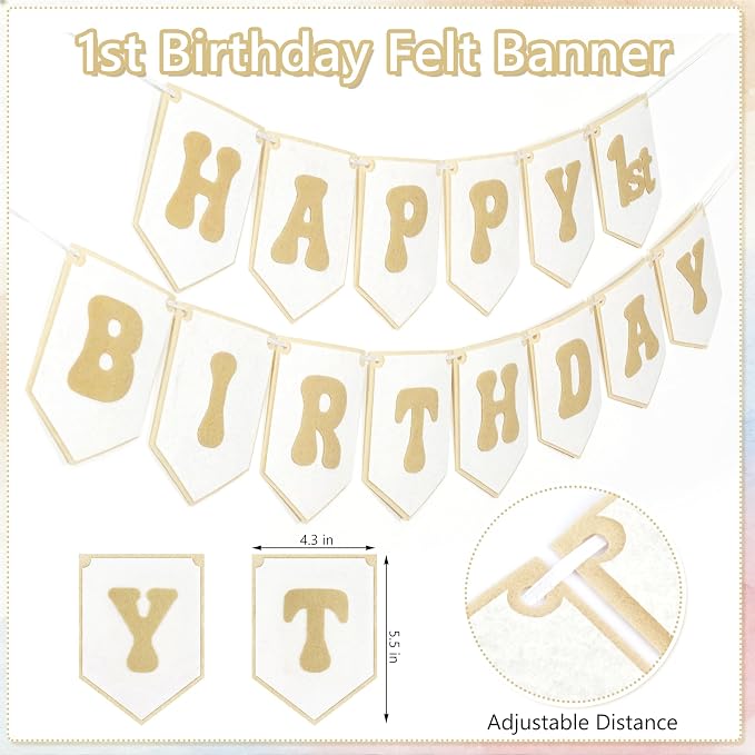 THAWAY 1st Birthday Decorations Boy, First Birthday Becorations for Boy and Girl with Banner, One High Chair Banner, Hat and Wood Cake Topper for One Year Old Party Decor