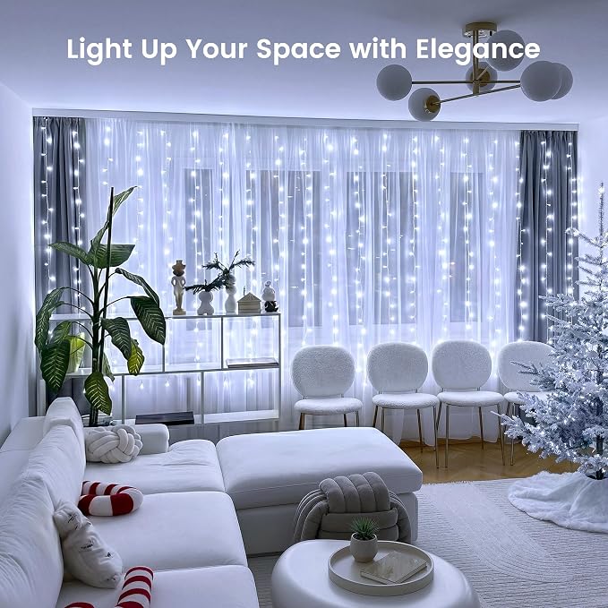 HEYFUNi 6.6FT x 6.6FT Cool White Curtain Lights Plug in, 200 LED | Window String Lights With Remote, 8 Modes, Timer, Memory, Connectable Fairy Lights for Bedroom Wall Wedding Dorm Decor, White