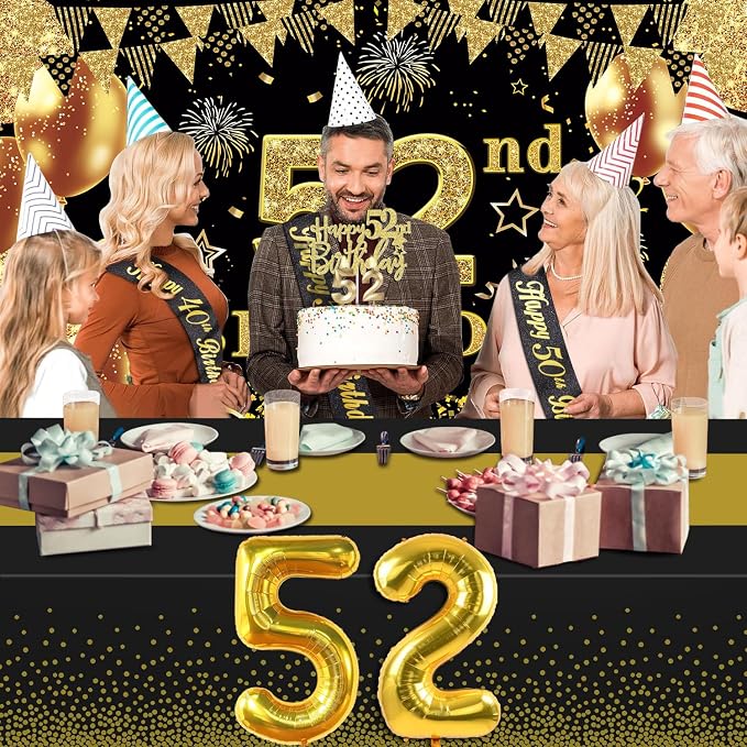 52nd Birthday Decorations Men Women with 52nd Birthday Banner, Black and Gold Table Cloth, Number Balloons, Large Sash, Cake Topper and Candles