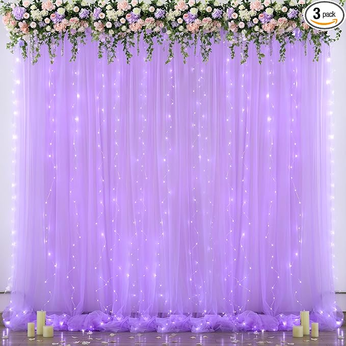 Lavender Sheer Backdrop Curtain with Led Lights for Baby Shower Girls Wedding10ft X 10ft Lavender Tulle Backdrop Curtain for Bridal Shower Birthday Party Photoshoot Arch Background Decorations