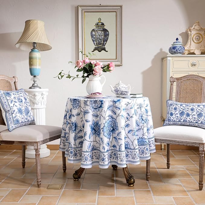 ISAENNE Designer French Linen Round Tablecloth,Diameter 55"-BlueWilow | Chinoiserie Vintage Elegant Table Cloth,Blue Floral Pattern,Beautiful,Dining Room,Kitchen,Tea Party,Thanksgiving,Decor