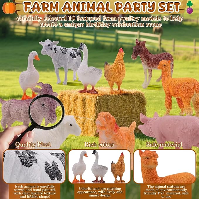 26 PCS Jungle Animal Birthday Party Decorations with Farm Animal Figurines, Mini Hats & Balloons, Cake Toppers for Birthday Party, Wild Animals Party Supplies(Farm Animal)