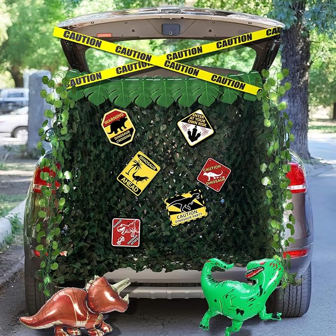 Bucherry Dinosaur Party Decorations Set 10x13ft Dino Netting 6 Paper Sign Jungle Dino Theme Birthday Party Supplies for Birthday Indoor Outdoor Decor Halloween Dinosaur Trunk or Treat Car Decorations