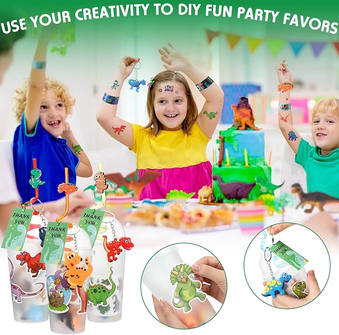 Qilery 267 Pcs 24 Guests Dinosaur Birthday Party Favors for kids Includes Plastic Cup with Lid Straw Keychain Bracelet Ring Stamper Stickers Tag for Party Favors Piñata Filling