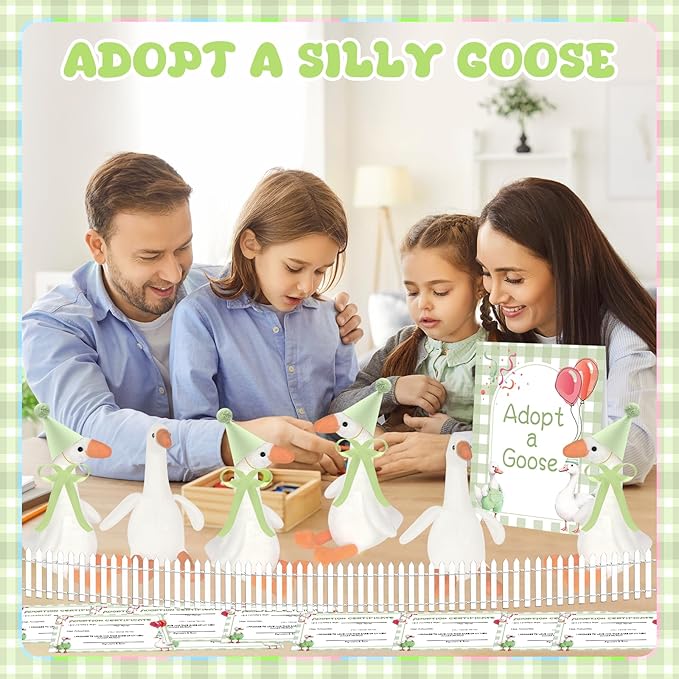 39 Pcs Adopt a Silly Goose Party Favor Include 12 Silly Goose Stuffed Animal 12 Mini Hat 12 Adoption Card 1 Adoption Sign 1 Ribbon 1 Fence for Baby Shower Party 1st Birthday Decoration