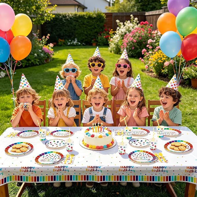 163pcs Colorful Happy Birthday Party Supplies Decorations Set-Rainbow Dot Design Disposable Tableware Kit with Plates,Napkins,Cups,Straw,Balloons,Party Blower,Tablecloth for Kids Boys Girls