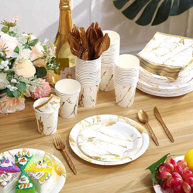 Bokon 350 Pcs Gold White Party Supplies Disposable Dinnerware Set Include 100 Plates 50 9 oz Paper Cup 50 Sets Spoon Fork Knives 50 Napkin for 50 Guests Wedding Birthday Valentines Party Decoration