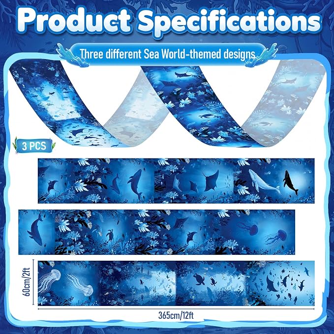 Gilprop 3 Pcs Ocean World Ceiling Decorations, 2 x 12 Ft Underwater Theme Hanging Fabric, Sea Creature Party Supplies for Birthday Baby Shower Classroom Photo Backdrop & Event Decor