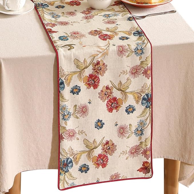 patdrea Designer Farmhouse Linen Extra Long Table Runner, Rustic Cottage Beige with Floral Pattern Fabric Table Mat, Decoration for Kitchen Dining Coffee Table Banquet Christmas , 12"*118"
