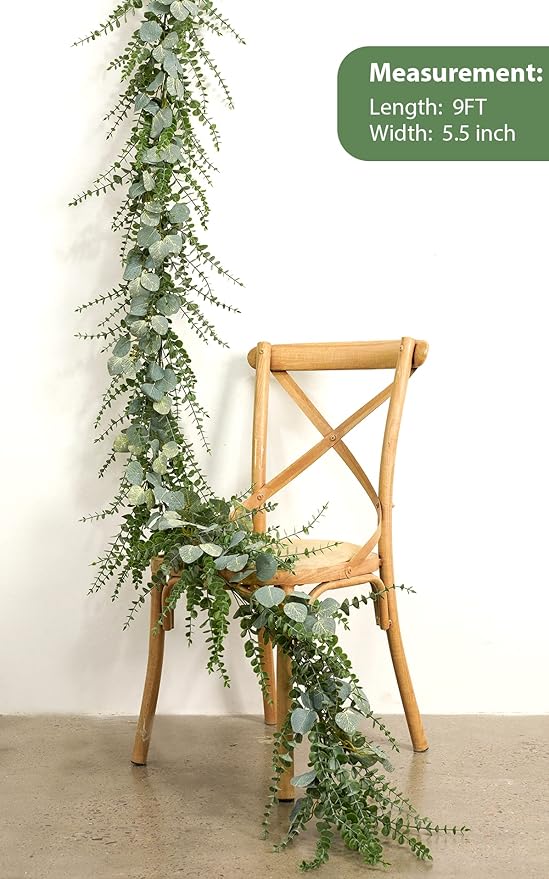 9 FT Eucalyptus Greenery Garlands for Table, Artificial Long Greenery Garlands, Spring Green Eucalyptus Garland for Wedding, Mantle, Party, Home Decor