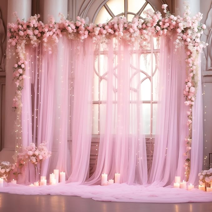 30x10ft Baby Pink Tulle Backdrop Curtain with Lights String for Parites, Sheer Photo Backdrop Curtains with Lights for Wedding Backdrop Ceremony Reception Bridal Shower Baby Shower Birthday Party