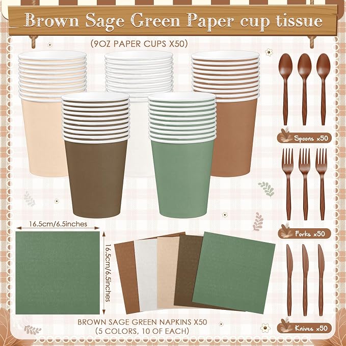 Mimorou 354 Pcs Woodland Plates and Napkins Set Serves 50 Guests Gradient Green and Brown Tablecloth Plates Cup and Napkins Tableware for Forest Animal Birthday Wedding Baby Shower Party Supplies