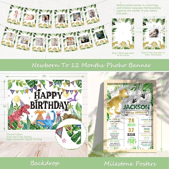 Hombae One a Saurus Birthday Decorations, Dinosaur 1st Party for One Year Old Boy Backdrop Balloon Garland Leaves Monthly Photo Highchair Banner Box Cutout Cake Topper Crown Poster 139 PCs