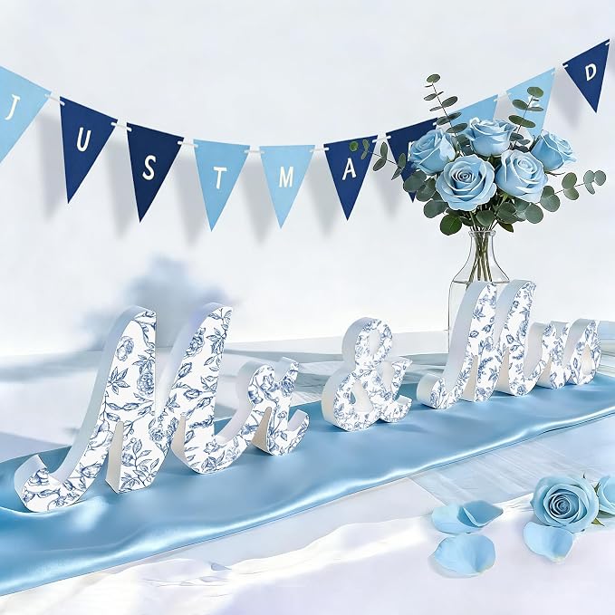 Mr & Mrs Sign for Wedding Table Blue Floral Wedding Decorations for Reception Rustic Wooden Freestanding Letters Table Centerpieces Wooden Photo Booth Props for Wedding Bridal Anniversary Supplies