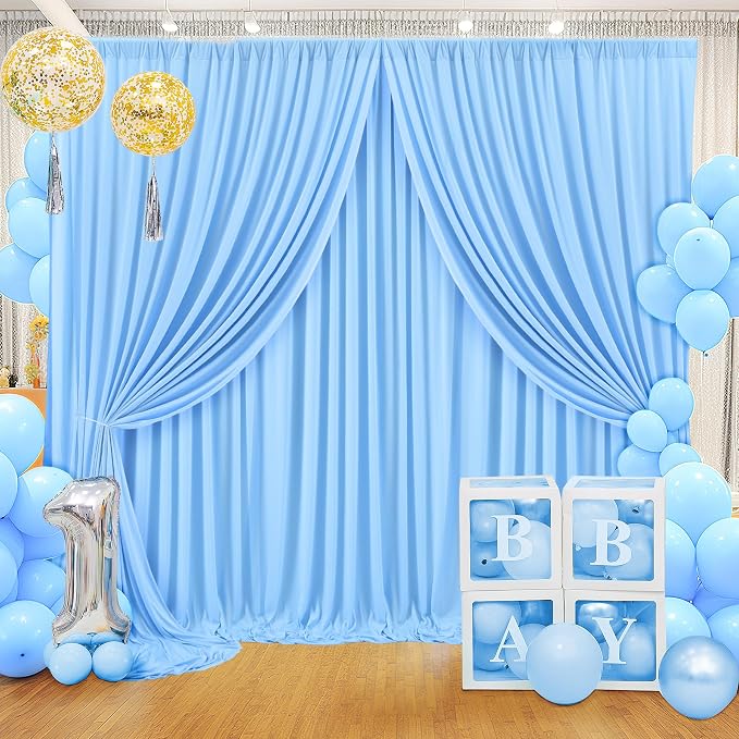 30ft × 8ft Wrinkle Free Baby Blue Backdrop Curtain for Boy Birthday Party, 6 Panels 5×8ft Soft Silky Polyester Blue Photo Backdrop Drapes for Baby Shower Baptism Wedding Gender Reavel Photography