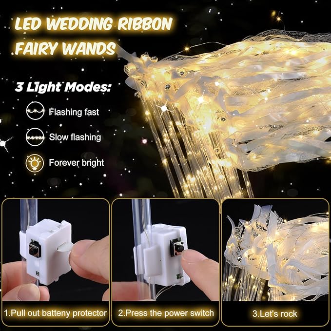 HONLYNE 100PCS Light up Wands for wedding, Wedding Wands Streamers with 3 Colorful Flashing Modes, Fairy Wands, LED Silk Fairy Wand with Bells for Wedding, New Year, Thanksgiving, Concert
