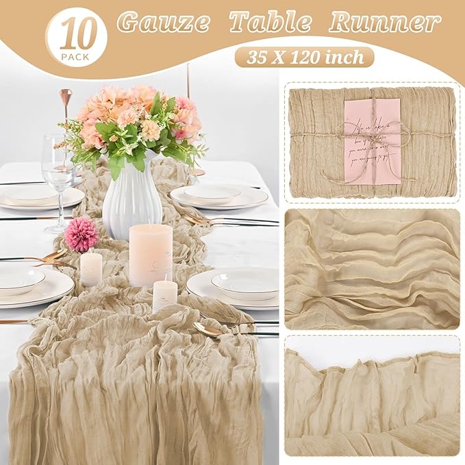 10 Pcs Beige Cheesecloth Table Runner 10FT, Gauze Table Runner for Wedding Reception Sheer Bridal Shower Birthday Party Boho Table Decoration, Rustic Romantic Wedding Runner