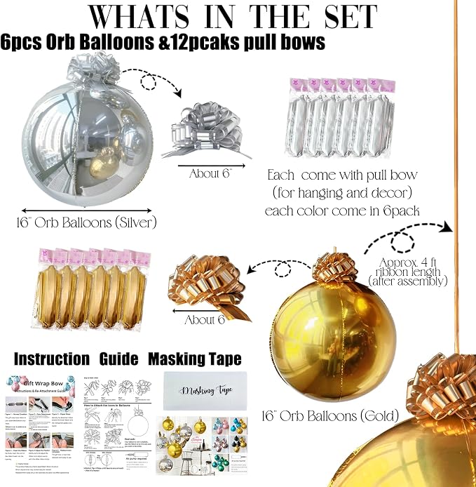 6 Pack 4D Gold and Silver Orb Balloons - 22 Inch Large Metallic Sphere Mylar Balloons with Pull Bows, Hanging Ceiling Ornaments for New Year, Birthday, Wedding, Anniversary Party Decorations