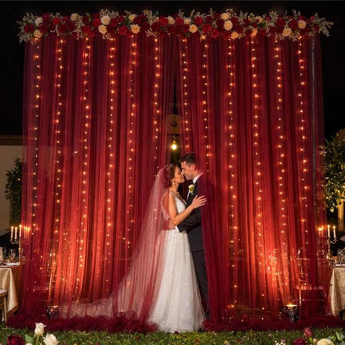 10x10ft Burgundy Tulle Backdrop Curtain with Lights String for Parites, Sheer Backdrop Curtains for Wedding Baby Shower Birthday Party Photo Shoot Decorations