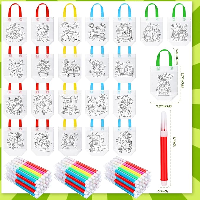 Chunful 24 Pcs Coloring Goodie Gift Bags for Kids Birthday Party with 120 Makers, Reusable Coloring Tote Bags Cute Cartoon Party Favor Non Woven with Colorful Pens DIY Crafts (Lovely with Maker)