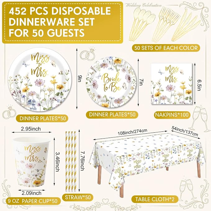LemonRoad 452 Pcs Miss to Mrs Floral Bridal Shower Decorations for 50, Wildflower Bridal Shower Paper Plates Napkins Cups Tablecloth Cutlery Straws for Wedding Bachelorette Engagement Party Supplies