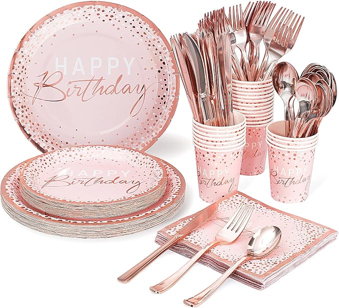 175PCS Happy Birthday Plates and Napkins Party Supplies, Paper Pink and Rose Gold Plastic Forks Knives Spoons Serve 25 Guests for Girl Women