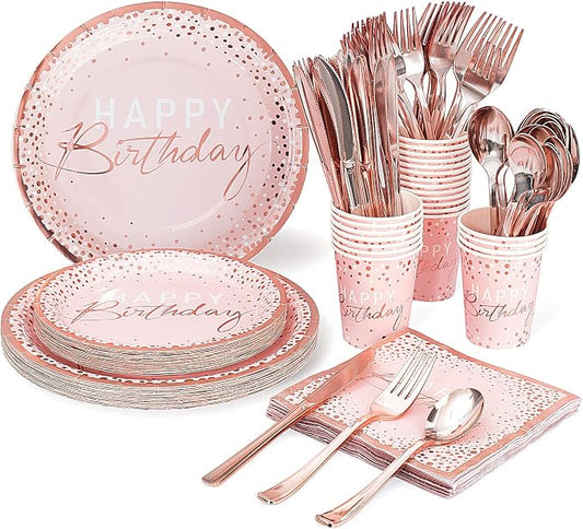 175PCS Happy Birthday Plates and Napkins Party Supplies, Paper Pink and Rose Gold Plastic Forks Knives Spoons Serve 25 Guests for Girl Women