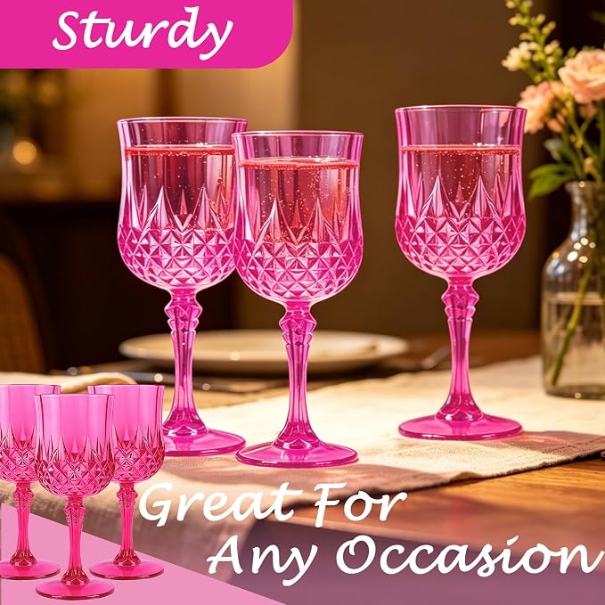 Plastic Wine Glasses, Plastic Goblets Vintage Style Cordial Unbreakable Drinking Glasses, Reusable Drinkware for Wedding Reception, Grand Event Party Supplies (24, Hot Pink)