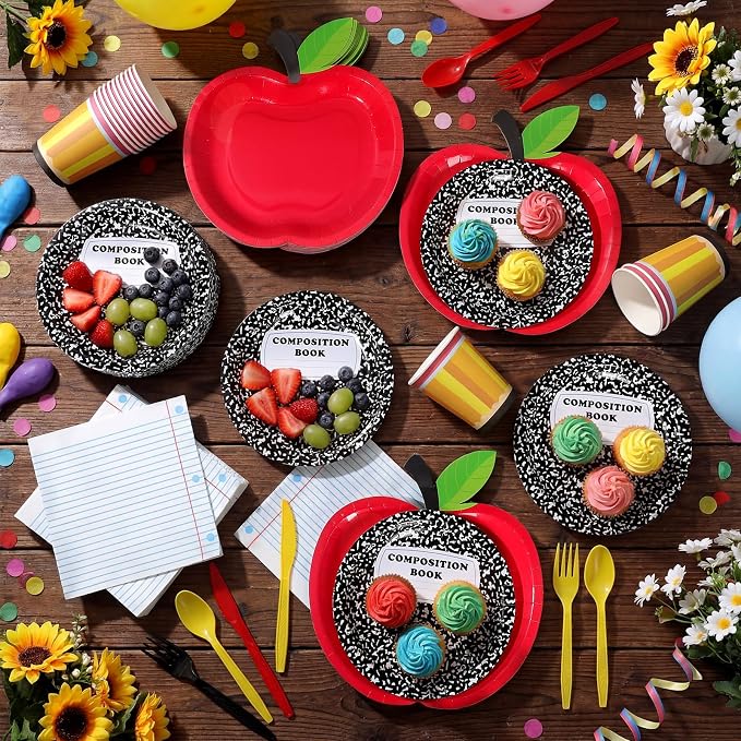 400 Pcs Back to School Party Decoration for 50, Apple Composition Notebook Paper Plates Napkins Pencil Cup Cutlery for Preschool Kindergarten Teacher Graduation Party Supply