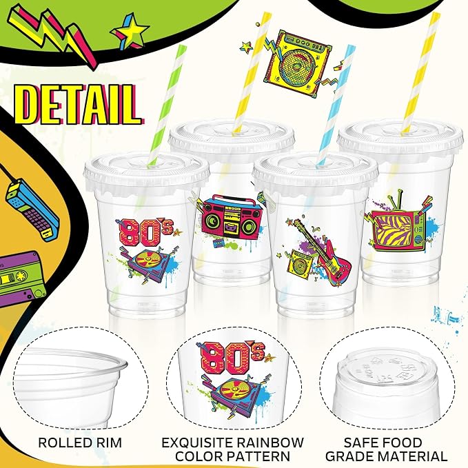 FoldTier 50 Pcs 80's Party Cups Disposable Plastic Cup 12 Oz G Back to 80s mugs Thick 80s Theme Clear mug Lids Straws Retro Music Party Supplies Throwback Dance Birthday Favor Table Decorations