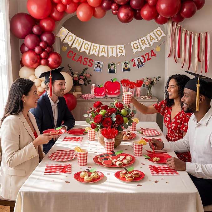 400 Pcs Back to School Party Supplies Serve 50, Apple Paper Plates Napkins Cups Apple Decoration Red Gingham Tableware Set for Last/First Day of School Party Supplies