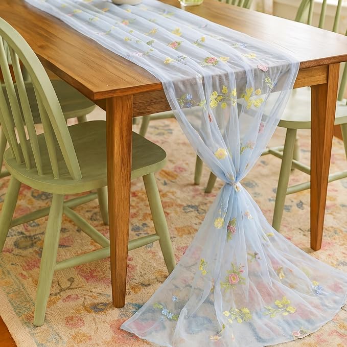 Lounsweer Blue Wildflower Table Runner 10ft Embroidery Tulle Spring Floral Table Runner Seasonal Summer Butterfly Kitchen Dining Gauze Decoration for Wedding Baby Shower Birthday Party