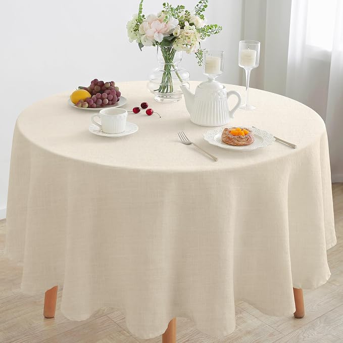 Linen World Round Linen Blend Tablecloth 90" Inch,Linen Loook Soft Cool & Breathable,Machine Washable Natural Table Cloth for Dining, Kitchen, Outdoor, Easter-Sand Beige