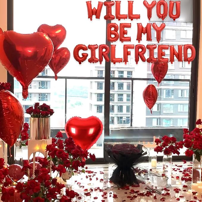 2 Set Red Will You Be My Girlfriend Balloons - 42pcs 16" Letter Balloons 1200pcs Red Artificial Rose Petals 10pcs 18" Heart Balloon Alphabet Foil Mylar Balloon for Valentines Day Decorations