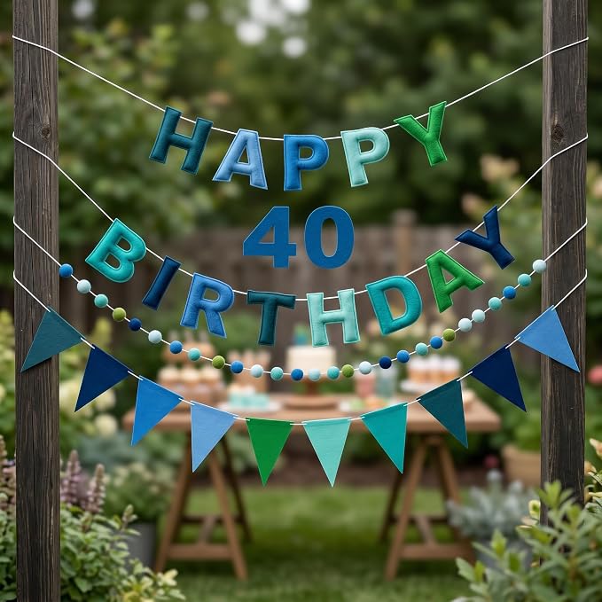 Pre-Strung Felt Happy Birthday Banner Decorations for Women Men | 3D Blue Birthday Party Decorations Sign with Replaceable Numbers 0-9,Multicolor Felt Ball & Triangle Flags Garland (Blue)