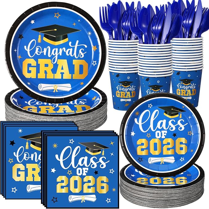 Funnymoom 400 Pcs Graduation Party Supplies Class of 2026 Graduation Paper Plate Napkin Cup Cutlery Congrats Grad Disposable Tableware Set for Grad Party Decorations, Serve 50(Blue, Gold)