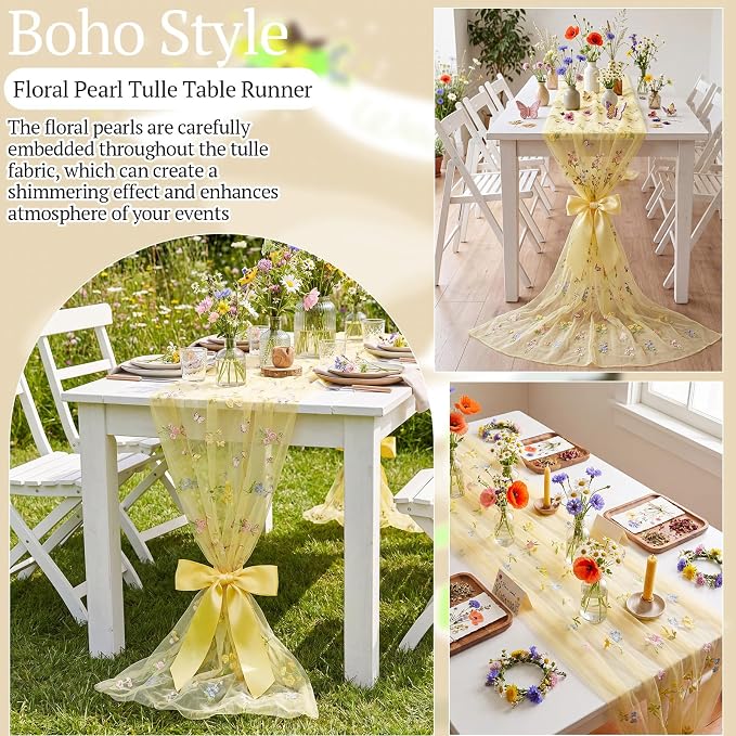 Lounsweer Yellow Wildflower Table Runner 10ft Embroidery Tulle Spring Floral Table Runner Seasonal Summer Butterfly Kitchen Dining Gauze Decoration for Wedding Baby Shower Birthday Party