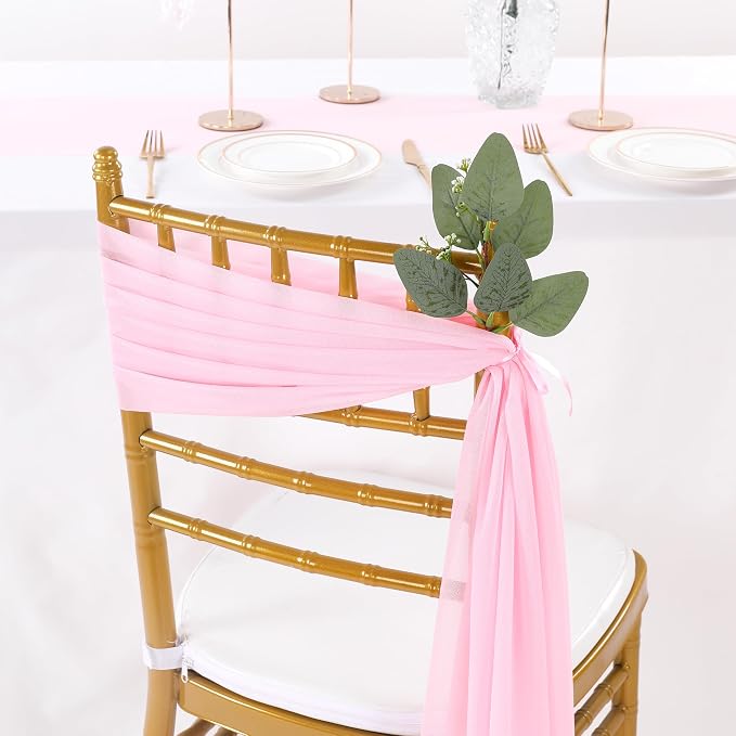 QueenDream Pink Chair Sashes Wedding: 16 Pieces Long Sheer Wedding Aisle Chair Decorations Tulle Chairs Covers with Artificial Eucalyptus