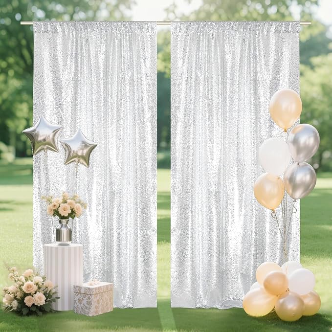 SquarePie 2 PCS 4x10ft Silver Sequin Backdrop for Photography, Extra Long Satin-Backed Real Sequin Curtain, High-Density Shimmering Background with 4" Rod Pocket for Wedding Ceremony, 2 Panels