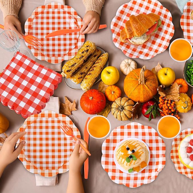 Funnymoom 400 Pcs Gingham Party Supplies for 50 Guests Orange and White Paper Plates and Napkins Knives Spoon Fork Cup Disposable Checkered Dinner Party Set Cutlery for Baby Shower Wedding Favor
