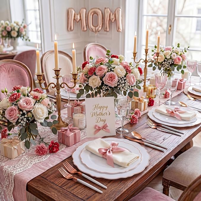 WDF 100pcs Rose Gold Plastic Plates-Baroque White &Rose Gold Disposable Plates including 50Plastic Dinner Plates 10.25inch,50Salad Plates 7.5inch for Wedding/Parties/Mother's Day
