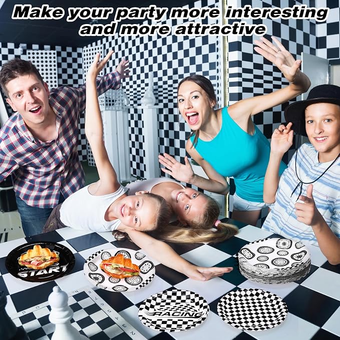 Funnymoom 60 Pcs Race Car Birthday Party Decorations 9 Inch Checkered Flag Disposable Paper Plates Racing Themed Dessert Dinnerware for Birthday Baby Shower Home Party Supplies, 4 Style