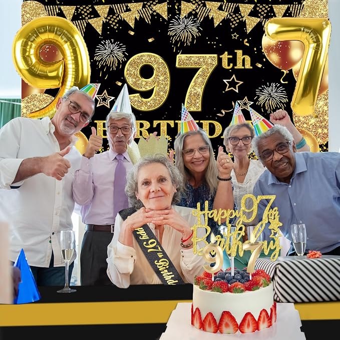 97th Birthday Decorations Men Women with 97th Birthday Banner, Black and Gold Table Cloth, Number Balloons, Large Sash, Cake Topper and Candles