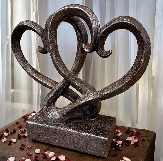 Top Brass Entwined Hearts Tabletop Decor, Two Hearts Love Unity Sculpture – Cast Iron Finish Resin Statue, Romantic Gift for Couples, Wedding & Anniversary, 11 Inches Tall