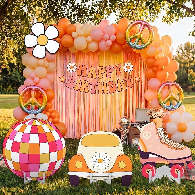 Honoson 4 Pcs 20" x 30" Large Groovy Cardboard Cutouts, Retro Hippie Photo Booth Props Birthday Party Decorations Yard Signs Bus Daisy Backdrop Lawn Decor for 60s 70s Party Supplies