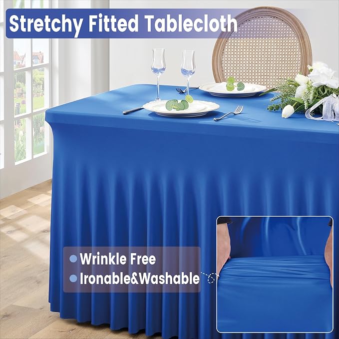 Outpain 4Pack Royal Blue Spandex & Polyester Table Cloths for 6ft Rectangular Tables - Wrinkle & Stain Resistant - Perfect for Parties, Weddings, Banquets