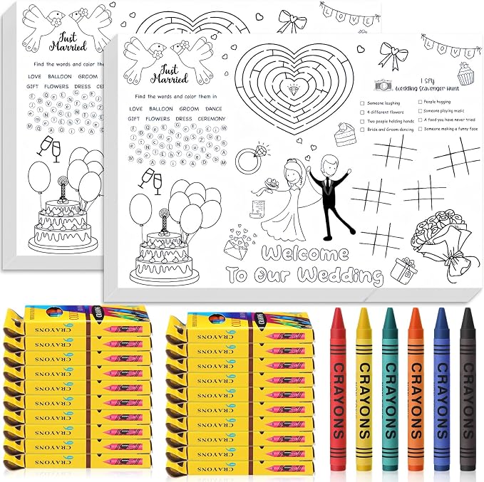 25 Set Wedding Games for Reception Wedding Coloring Placemats with Crayons 15.7 x 11 Inch Coloring Wedding Place Mats for Wedding Games Favors Entertainment Party Supplies
