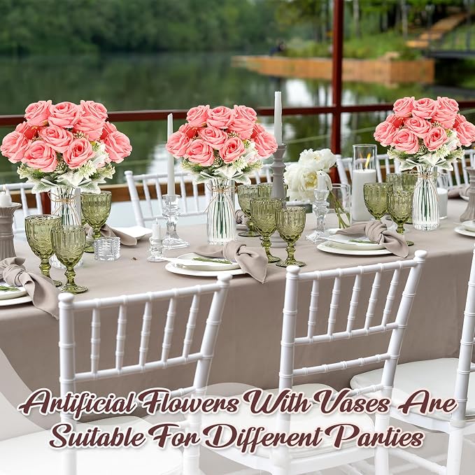 Zeyune 36 Pack Artificial Flowers Centerpiece with Vase Bulk for Wedding Table 24 Bundles Silk Floral Faux Rose Bouquet with 12 Plastic Vase for Bridal Shower Table Decor(Pink)