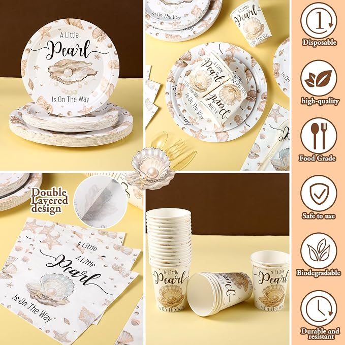 168 Pcs A Little Pearl Is on The Way Baby Shower Decorations Under The Sea Baby Shower Decorations Shell Mermaid Ocean Theme Party Decor Gender Reveal Disposable Tableware Set Serve 24