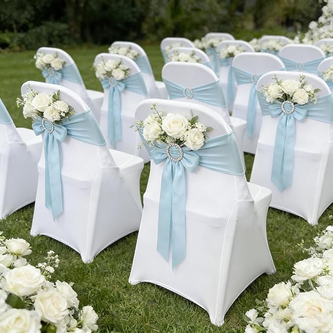 Spandex Chair Sashes Bands 30PCS Stretch Chair Ties Bows with Buckle Slider for Wedding Party Banquet Decoration (Baby Blue)